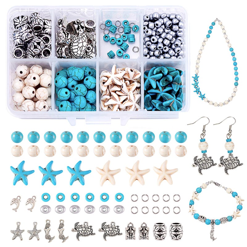 BB Beadthoven Beadthoven 160pcs Sea Starfish Turquoise Beads Silver Turtle Charms White Blue Small Ocean Animals Summer Ocean Boho Beads Beach Spacers for Bracelets DIY Jewelry Making Supplies - Image 1